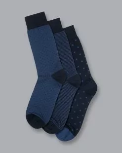CHARLES TYRWHITT Patterned Cotton Rich 3 Pack Socks - Navy M