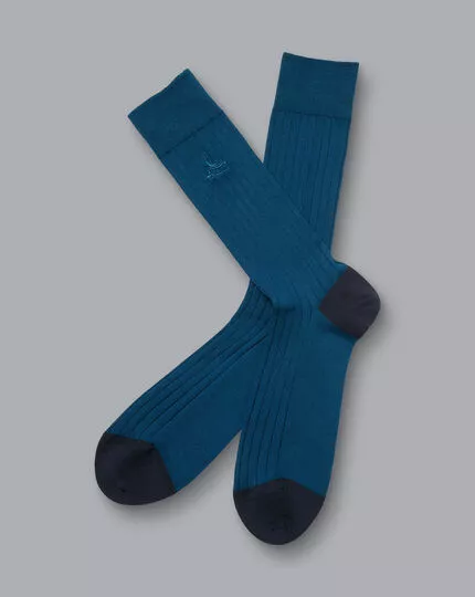 CHARLES TYRWHITT Cotton Rib Socks - Dark Turquoise B 3 CHARLES TYRWHITT Cotton Rib Socks - Dark Turquoise B