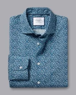 CHARLES TYRWHITT Made With Liberty Fabric Petal Print Semi-Spread Collar Shirt - Indigo B -Charles Tyrwhitt Shop CSB0092IDG FOLD SINGLE