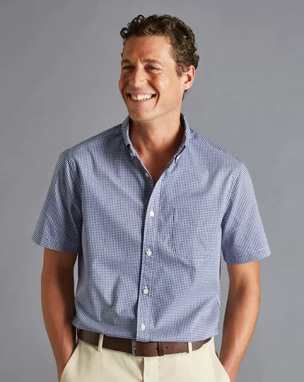 CHARLES TYRWHITT Button-Down Collar Non-Iron Stretch Mini Gingham Short Sleeve Shirt - French B 4 CHARLES TYRWHITT Button-Down Collar Non-Iron Stretch Mini Gingham Short Sleeve Shirt - French B - Image 2