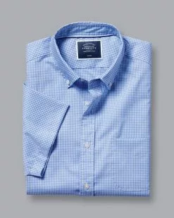CHARLES TYRWHITT Button-Down Collar Non-Iron Stretch Mini Gingham Short Sleeve Shirt - Ocean B -Charles Tyrwhitt Shop CSN0354OCE FOLD SINGLE