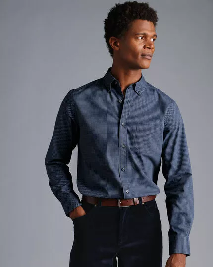 CHARLES TYRWHITT Button-Down Collar Non-Iron Stretch Poplin Mini Gingham Shirt - Indigo B 4 CHARLES TYRWHITT Button-Down Collar Non-Iron Stretch Poplin Mini Gingham Shirt - Indigo B - Image 2