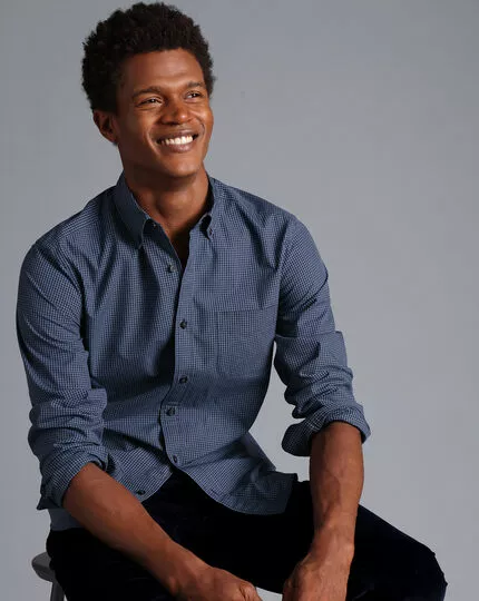 CHARLES TYRWHITT Button-Down Collar Non-Iron Stretch Poplin Mini Gingham Shirt - Indigo B 5 CHARLES TYRWHITT Button-Down Collar Non-Iron Stretch Poplin Mini Gingham Shirt - Indigo B - Image 3