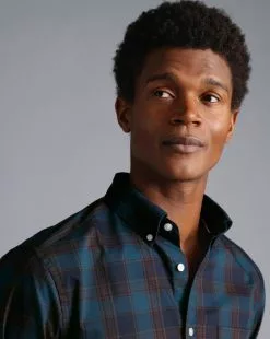 CHARLES TYRWHITT Button-Down Collar Non-Iron Stretch Poplin Tartan Check Shirt - R -Charles Tyrwhitt Shop CSN0368RST MODEL DETAIL