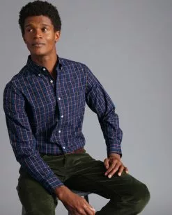 CHARLES TYRWHITT Button-Down Collar Non-Iron Stretch Poplin Check Shirt - Sunflower Yellow -Charles Tyrwhitt Shop CSN0368SFL MODEL SEATED