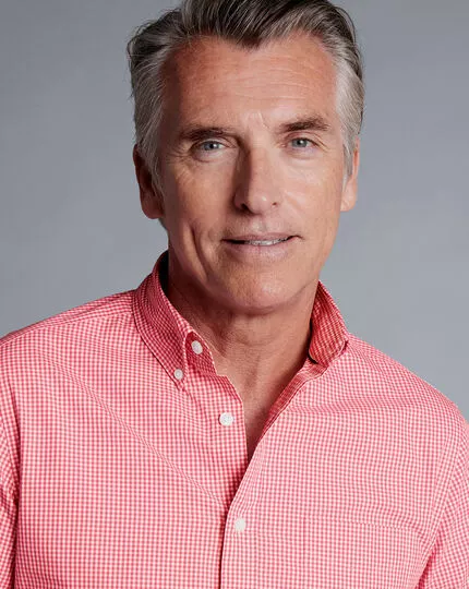 CHARLES TYRWHITT Button-Down Collar Non-Iron Stretch Poplin Mini Gingham Shirt - Bright Pink 5 CHARLES TYRWHITT Button-Down Collar Non-Iron Stretch Poplin Mini Gingham Shirt - Bright Pink - Image 3
