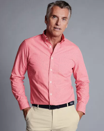 CHARLES TYRWHITT Button-Down Collar Non-Iron Stretch Poplin Mini Gingham Shirt - Bright Pink 4 CHARLES TYRWHITT Button-Down Collar Non-Iron Stretch Poplin Mini Gingham Shirt - Bright Pink - Image 2