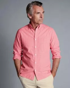 CHARLES TYRWHITT Button-Down Collar Non-Iron Stretch Poplin Mini Gingham Shirt - Bright Pink 13 CHARLES TYRWHITT Button-Down Collar Non-Iron Stretch Poplin Mini Gingham Shirt - Bright Pink -Charles Tyrwhitt Shop CSN0378BPK MODEL UNTUCKED