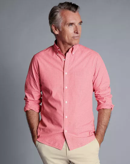 CHARLES TYRWHITT Button-Down Collar Non-Iron Stretch Poplin Mini Gingham Shirt - Bright Pink 8 CHARLES TYRWHITT Button-Down Collar Non-Iron Stretch Poplin Mini Gingham Shirt - Bright Pink - Image 6