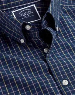 CHARLES TYRWHITT Button-Down Collar Non-Iron Stretch Poplin Fine Check Shirt - Royal B