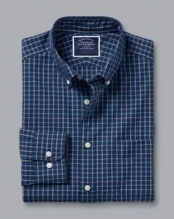 CHARLES TYRWHITT Button-Down Collar Non-Iron Stretch Poplin Fine Check Shirt - Royal B -Charles Tyrwhitt Shop CSN0378RYL FOLD SINGLE