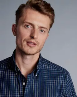 CHARLES TYRWHITT Button-Down Collar Non-Iron Stretch Poplin Fine Check Shirt - Royal B -Charles Tyrwhitt Shop CSN0378RYL MODEL DETAIL