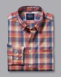 CHARLES TYRWHITT Button-Down Collar Non-Iron Stretch Poplin Slub Multi Check Shirt - Burnt Orang -Charles Tyrwhitt Shop CSN0382BUN FOLD SINGLE