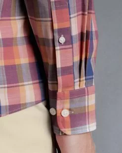 CHARLES TYRWHITT Button-Down Collar Non-Iron Stretch Poplin Slub Multi Check Shirt - Burnt Orang -Charles Tyrwhitt Shop CSN0382BUN MODEL CUFF