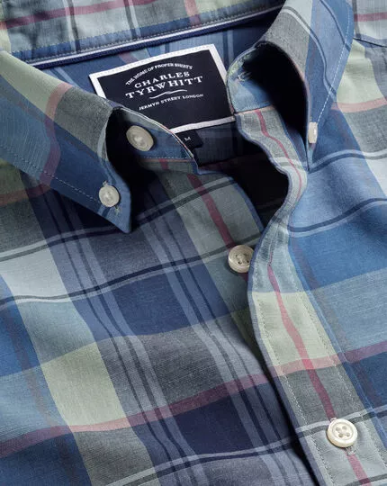 CHARLES TYRWHITT Button-Down Collar Non-Iron Stretch Poplin Slub Multi Check Shirt - Indigo B 3 CHARLES TYRWHITT Button-Down Collar Non-Iron Stretch Poplin Slub Multi Check Shirt - Indigo B