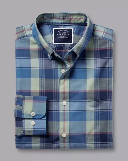 CHARLES TYRWHITT Button-Down Collar Non-Iron Stretch Poplin Slub Multi Check Shirt - Indigo B 6 CHARLES TYRWHITT Button-Down Collar Non-Iron Stretch Poplin Slub Multi Check Shirt - Indigo B - Image 4