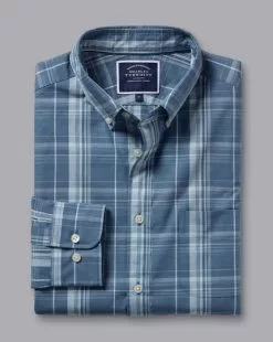 CHARLES TYRWHITT Button-Down Collar Non-Iron Stretch Poplin Slub Check Shirt - Steel B 12 CHARLES TYRWHITT Button-Down Collar Non-Iron Stretch Poplin Slub Check Shirt - Steel B -Charles Tyrwhitt Shop CSN0382STL FOLD SINGLE