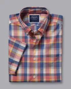 CHARLES TYRWHITT Button-Down Collar Non-Iron Stretch Poplin Slub Multi Check Short Sleeve Shirt - Burnt Orang -Charles Tyrwhitt Shop CSN0384BUN FOLD SINGLE
