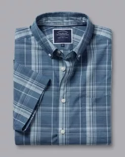 CHARLES TYRWHITT Button-Down Collar Non-Iron Stretch Poplin Slub Multi Check Short Sleeve Shirt - Steel B -Charles Tyrwhitt Shop CSN0384STL FOLD SINGLE
