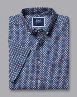CHARLES TYRWHITT Button-Down Collar Non-Iron Stretch Poplin Leaf Print Short Sleeve Shirt - Royal B -Charles Tyrwhitt Shop CSN0389RYL FOLD SINGLE