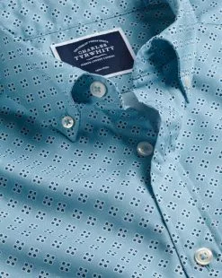 CHARLES TYRWHITT Button-Down Collar Non-Iron Stretch Poplin Diamond Print Shirt - Aqua Green