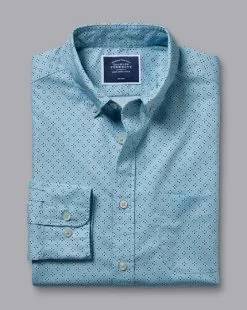 CHARLES TYRWHITT Button-Down Collar Non-Iron Stretch Poplin Diamond Print Shirt - Aqua Green -Charles Tyrwhitt Shop CSN0399AQA FOLD SINGLE
