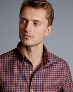 CHARLES TYRWHITT Button-Down Collar Non-Iron Twill Gingham Check Shirt - Maroon R -Charles Tyrwhitt Shop CSN0420MRN MODEL DETAIL