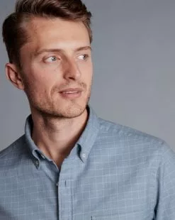 CHARLES TYRWHITT Button-Down Collar Non-Iron Twill Windowpane Check Shirt - Steel B -Charles Tyrwhitt Shop CSN0422STL MODEL DETAIL