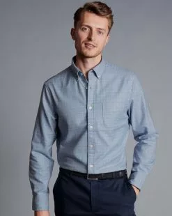 CHARLES TYRWHITT Button-Down Collar Non-Iron Twill Windowpane Check Shirt - Steel B -Charles Tyrwhitt Shop CSN0422STL MODEL TUCKED