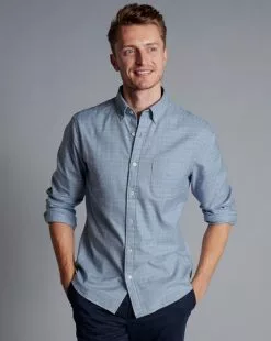 CHARLES TYRWHITT Button-Down Collar Non-Iron Twill Windowpane Check Shirt - Steel B -Charles Tyrwhitt Shop CSN0422STL MODEL UNTUCKED