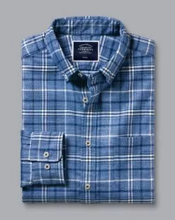 CHARLES TYRWHITT Button-Down Collar Non-Iron Twill Large Check Shirt - Indigo B -Charles Tyrwhitt Shop CSN0425IDG FOLD SINGLE