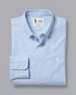 CHARLES TYRWHITT England Rugby Button-Down Collar Washed Oxford Stripe Shirt - Blue & Wh -Charles Tyrwhitt Shop CSQ0005BWT FOLD SINGLE