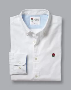 CHARLES TYRWHITT England Rugby Button-Down Collar Washed Oxford Shirt With Red Rose - Wh -Charles Tyrwhitt Shop CSQ0022WHT FOLD SINGLE