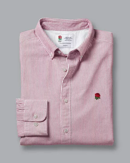 CHARLES TYRWHITT England Rugby Button-Down Collar Washed Oxford Stripe Shirt - Wine R 6 CHARLES TYRWHITT England Rugby Button-Down Collar Washed Oxford Stripe Shirt - Wine R - Image 4