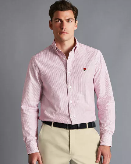 CHARLES TYRWHITT England Rugby Button-Down Collar Washed Oxford Stripe Shirt - Wine R 4 CHARLES TYRWHITT England Rugby Button-Down Collar Washed Oxford Stripe Shirt - Wine R - Image 2