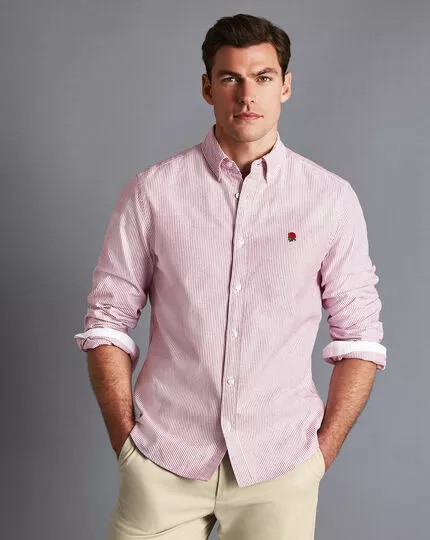 CHARLES TYRWHITT England Rugby Button-Down Collar Washed Oxford Stripe Shirt - Wine R 5 CHARLES TYRWHITT England Rugby Button-Down Collar Washed Oxford Stripe Shirt - Wine R - Image 3