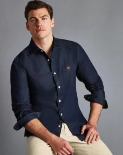 CHARLES TYRWHITT England Rugby Denim Shirt - Denim B -Charles Tyrwhitt Shop CSQ0033DEN MODEL SEATED