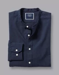 CHARLES TYRWHITT Collarless Cotton Linen Shirt - Navy -Charles Tyrwhitt Shop CSR0806NAV FOLD SINGLE 1
