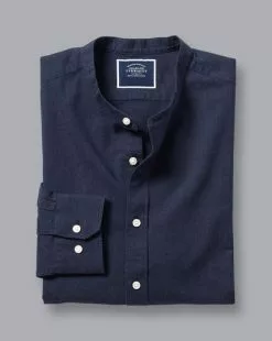 CHARLES TYRWHITT Collarless Cotton Linen Shirt - Navy