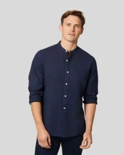 CHARLES TYRWHITT Collarless Cotton Linen Shirt - Navy -Charles Tyrwhitt Shop CSR0806NAV MODEL UNTUCKED