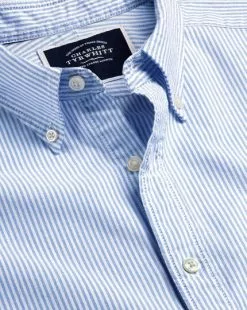 CHARLES TYRWHITT Button-Down Collar Washed Oxford Stripe Shirt - Ocean B