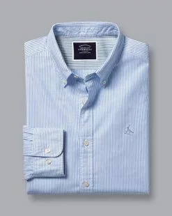 CHARLES TYRWHITT Button-Down Collar Washed Oxford Stripe Shirt - Ocean B -Charles Tyrwhitt Shop CSR0906BWT FOLD SINGLE