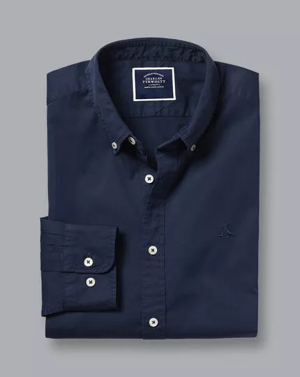 CHARLES TYRWHITT Button-Down Collar Washed Fine Twill Shirt - Navy 6 CHARLES TYRWHITT Button-Down Collar Washed Fine Twill Shirt - Navy - Image 4