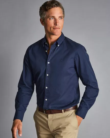 CHARLES TYRWHITT Button-Down Collar Washed Fine Twill Shirt - Navy 4 CHARLES TYRWHITT Button-Down Collar Washed Fine Twill Shirt - Navy - Image 2