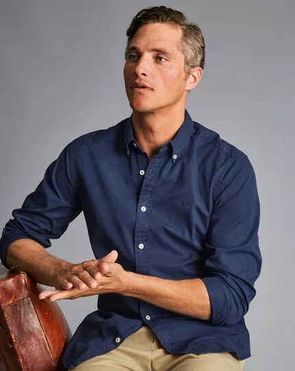 CHARLES TYRWHITT Button-Down Collar Washed Fine Twill Shirt - Navy 5 CHARLES TYRWHITT Button-Down Collar Washed Fine Twill Shirt - Navy - Image 3