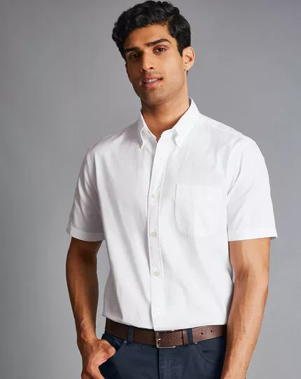 CHARLES TYRWHITT Button-Down Collar Washed Oxford Short Sleeve Shirt - Wh 4 CHARLES TYRWHITT Button-Down Collar Washed Oxford Short Sleeve Shirt - Wh - Image 2