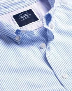 CHARLES TYRWHITT Button-Down Collar Washed Oxford Stripe Short Sleeve Shirt - Ocean B