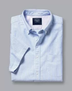 CHARLES TYRWHITT Button-Down Collar Washed Oxford Stripe Short Sleeve Shirt - Ocean B -Charles Tyrwhitt Shop CSR0957OCE FOLD SINGLE
