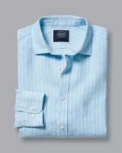 CHARLES TYRWHITT Pure Linen Stripe Shirt - Light B -Charles Tyrwhitt Shop CSR0970LBU FOLD SINGLE