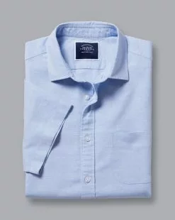 CHARLES TYRWHITT Cotton Linen Oxford Short Sleeve Shirt - Cornflower B -Charles Tyrwhitt Shop CSR0987CFW FOLD SINGLE